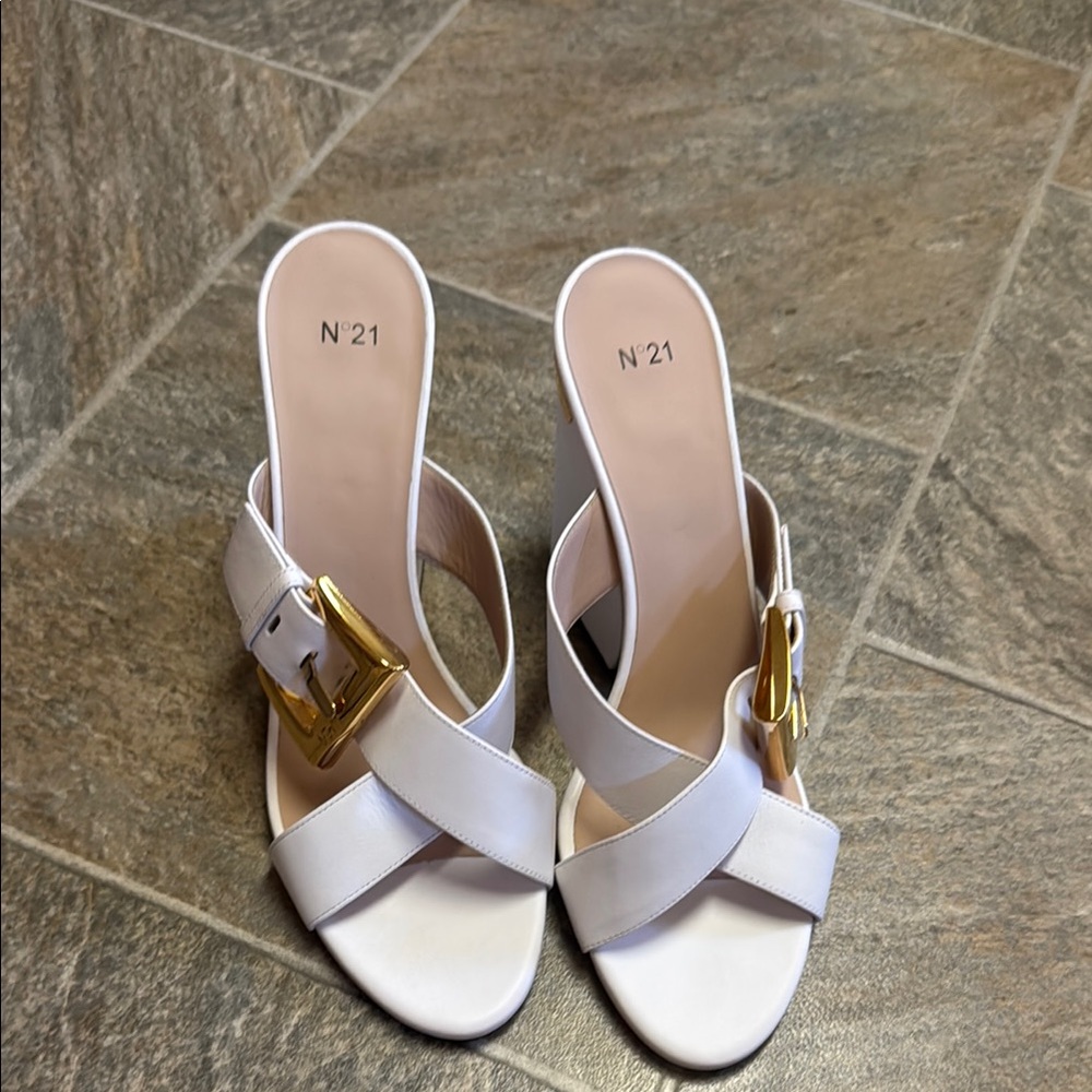 Forever 21 Cream and Gold Buckle Mules